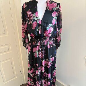 Polyester Georgette Floral Maxi Dress in Black and Pinks by Spy Zone Exchange, L
